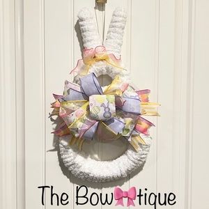 White Fluffy Yarn & Ribbon Bunny Wreath for Easter 19”L #3
